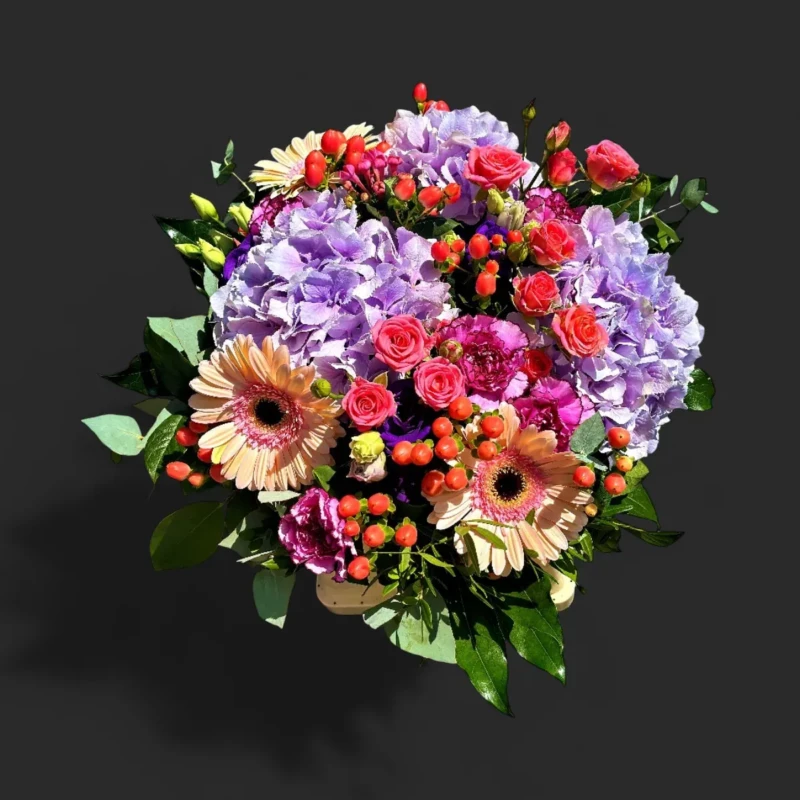 bouquet hortensias Genève avec roses et gerberas, composition colorée Chant d'Été, livraison à Genève