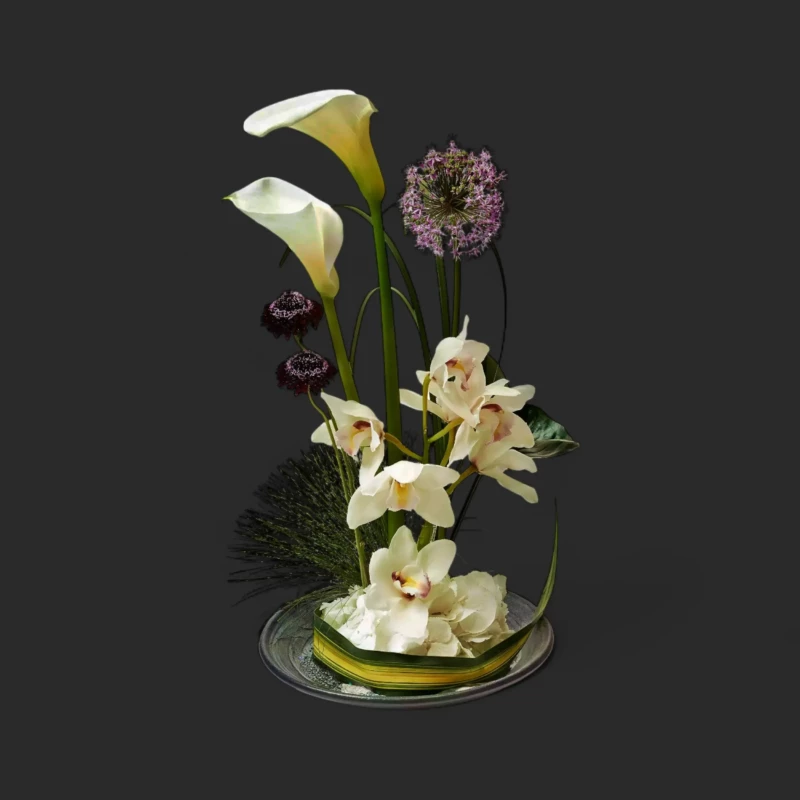 arrangement blanc Genève Porcelaine Zénithale avec callas, cymbidiums et hortensias sur base argentée
